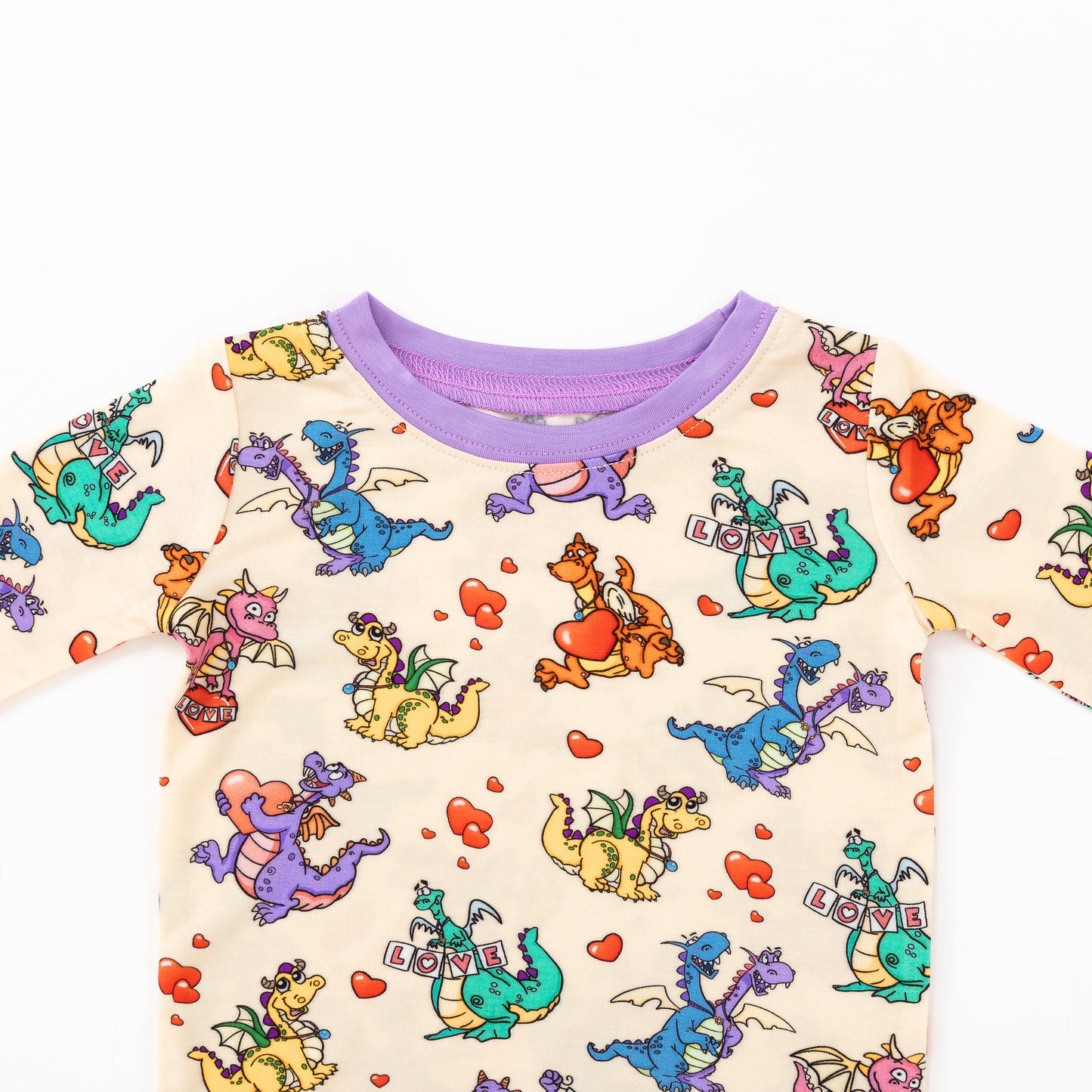 Valentine Dino Love Adventure and Hearts Kids Bamboo Two-Piece Pajama Set