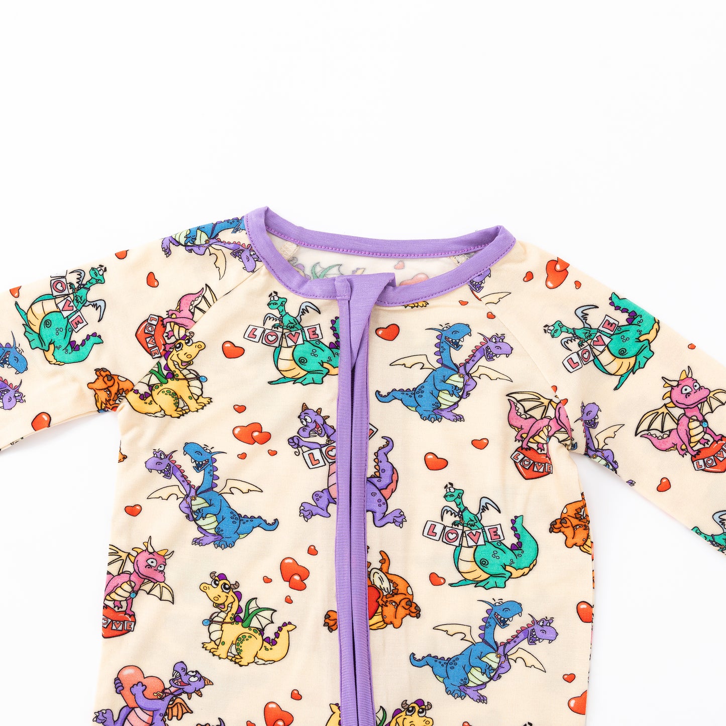 Valentine Dino Love Adventure and Hearts Bamboo Zipper Romper Pajamas