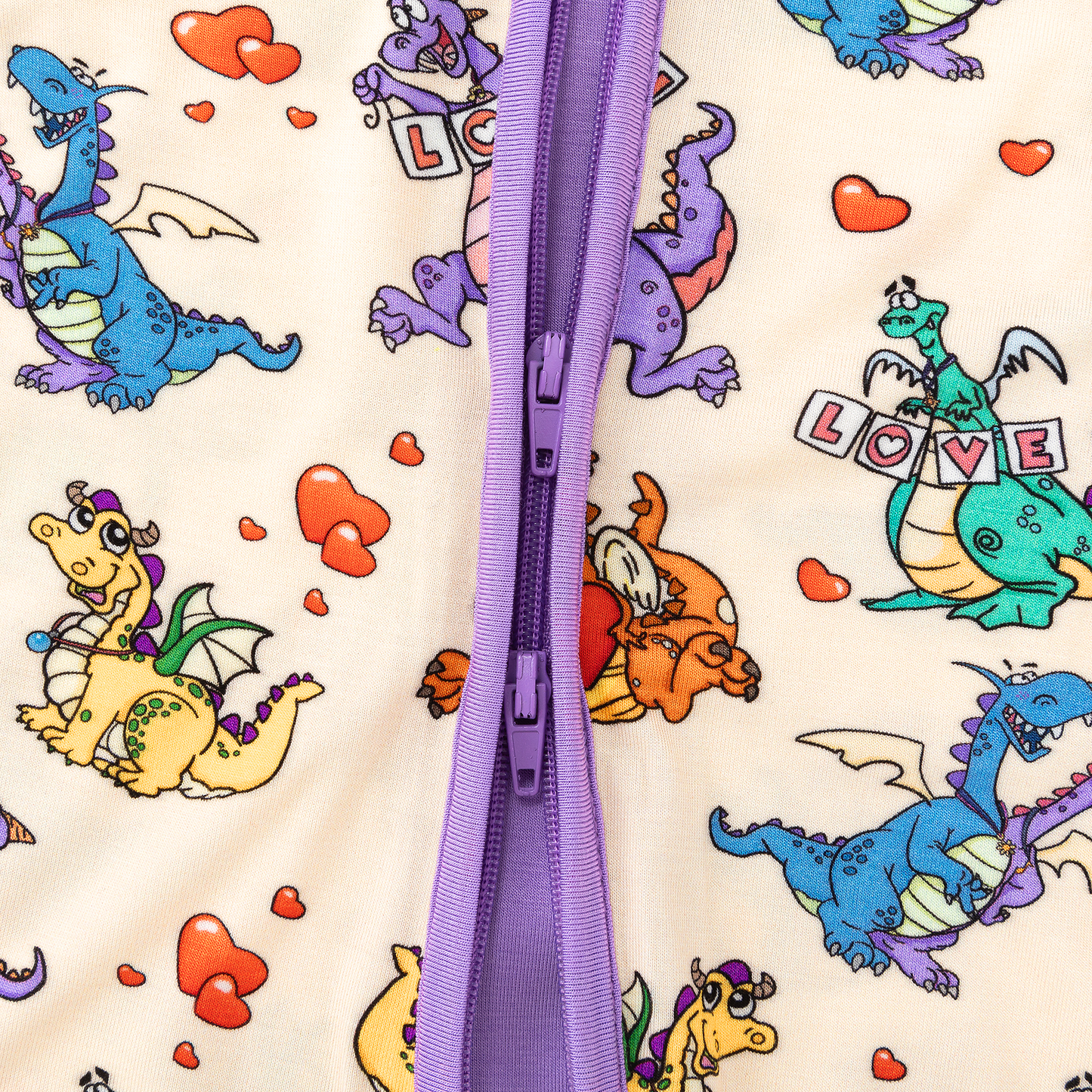 Valentine Dino Love Adventure and Hearts Bamboo Zipper Romper Pajamas
