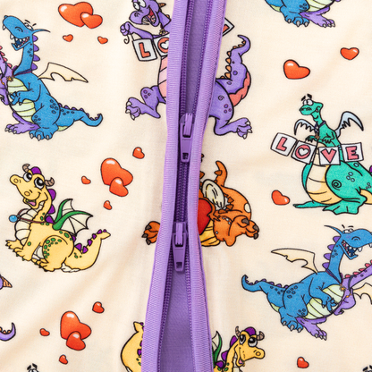 Valentine Dino Love Adventure and Hearts Bamboo Zipper Romper Pajamas