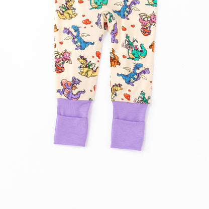 Valentine Dino Love Adventure and Hearts Bamboo Zipper Romper Pajamas