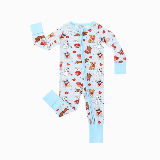 Valentine Heart Puppy Cuddle Crew Blue Bamboo Zipper Romper Pajamas