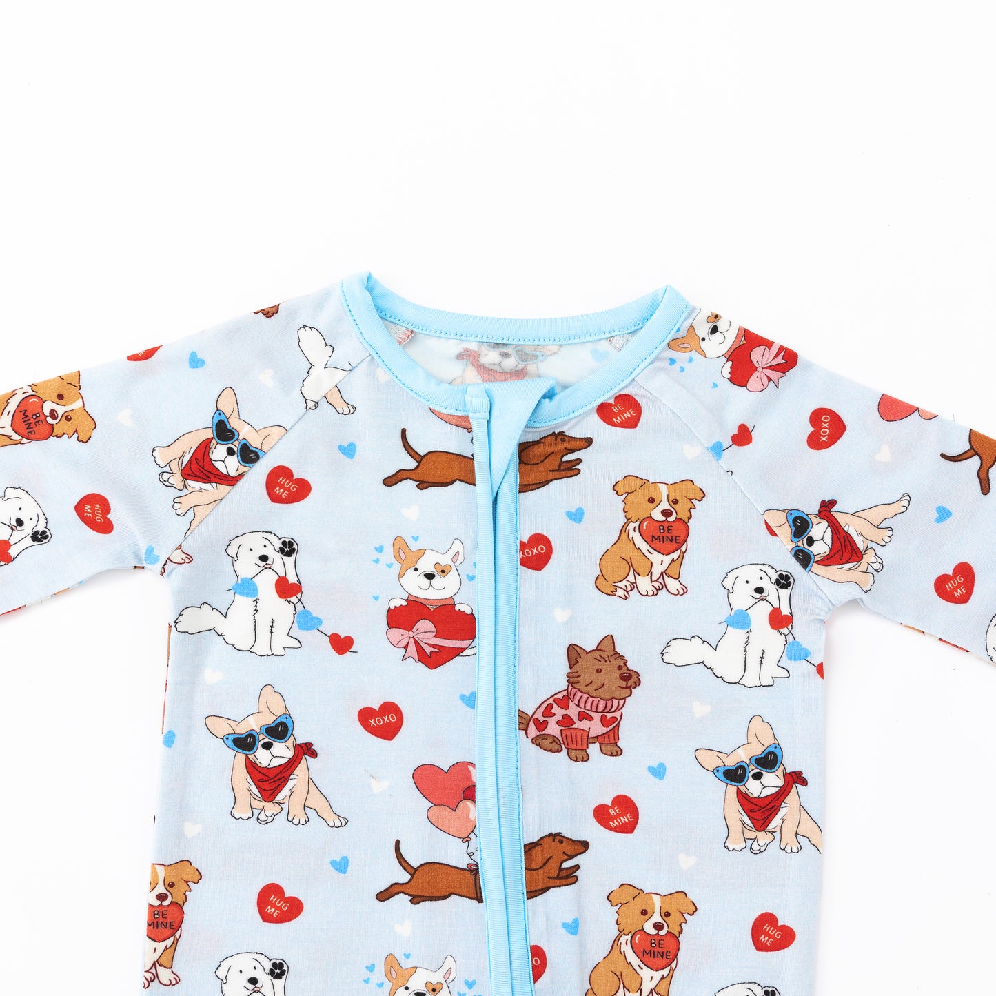 Valentine Heart Puppy Cuddle Crew Blue Bamboo Zipper Romper Pajamas