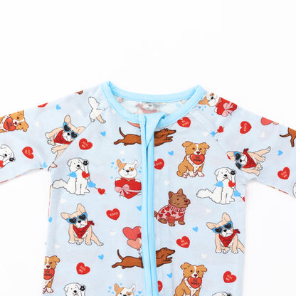 Valentine Heart Puppy Cuddle Crew Blue Bamboo Zipper Romper Pajamas
