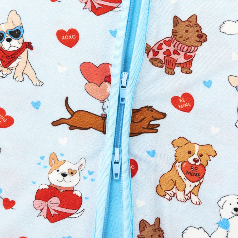 Valentine Heart Puppy Cuddle Crew Blue Bamboo Zipper Romper Pajamas