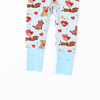 Valentine Heart Puppy Cuddle Crew Blue Bamboo Zipper Romper Pajamas