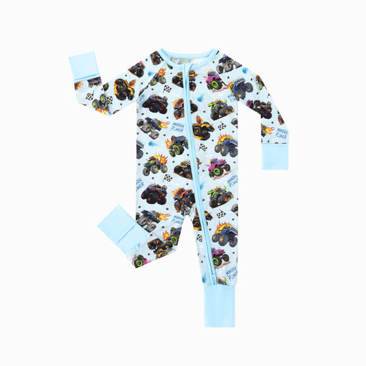 Wild Truck Power Adventure and Flags Bamboo Zipper Romper Pajamas