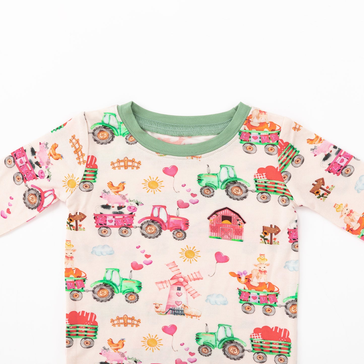 Valentine Farm Adventure Ride and Hearts Green Kids Bamboo Two-Piece Pajama Set