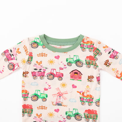 Valentine Farm Adventure Ride and Hearts Green Kids Bamboo Two-Piece Pajama Set