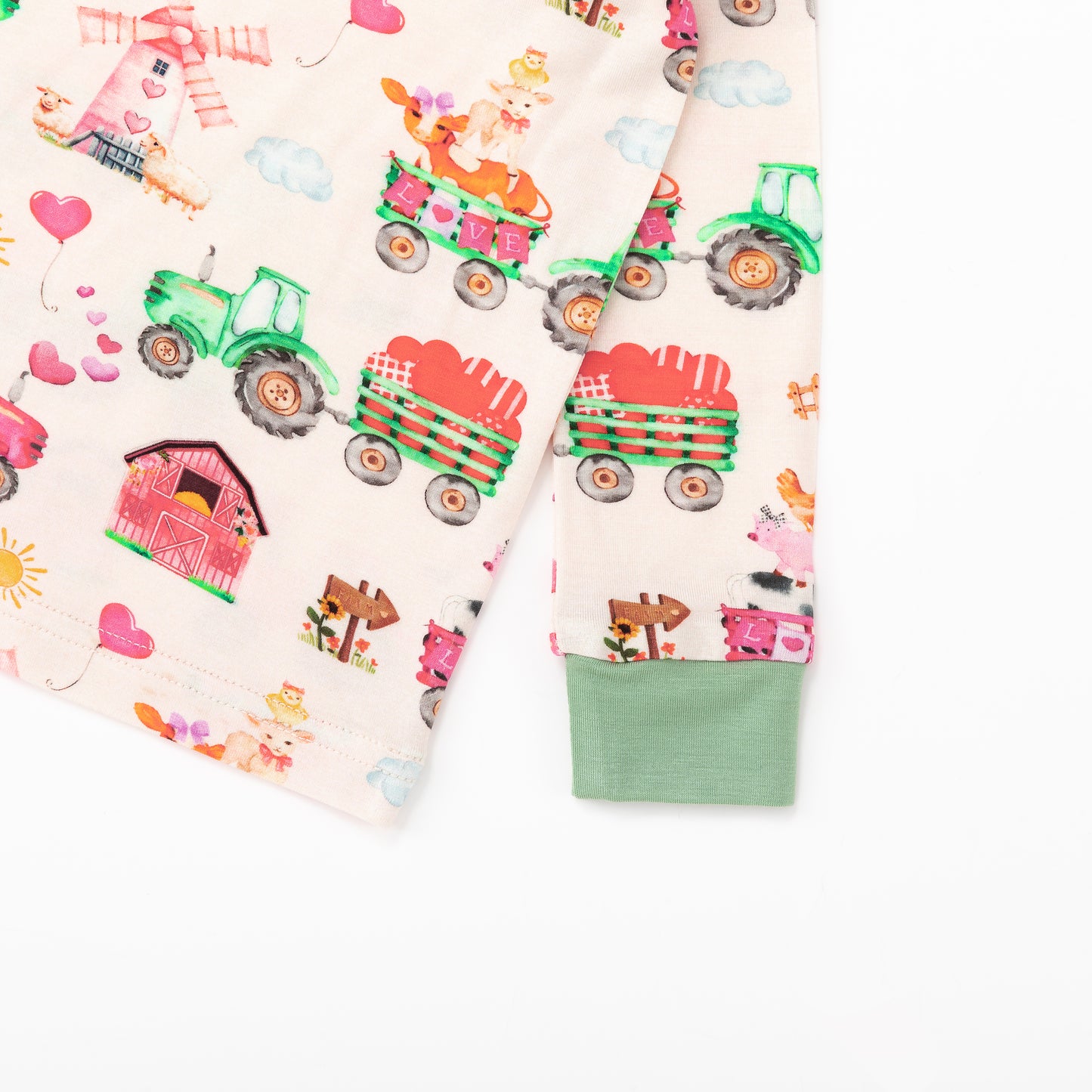 Valentine Farm Adventure Ride and Hearts Green Kids Bamboo Two-Piece Pajama Set