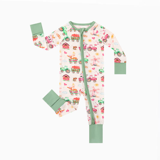 Valentine Farm Adventure Ride and Hearts Green Bamboo Zipper Romper Pajamas