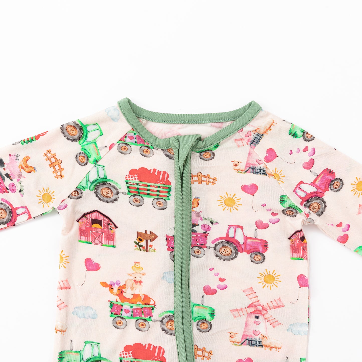 Valentine Farm Adventure Ride and Hearts Green Bamboo Zipper Romper Pajamas