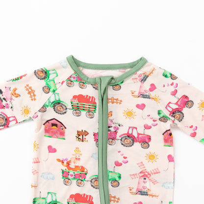 Valentine Farm Adventure Ride and Hearts Green Bamboo Zipper Romper Pajamas