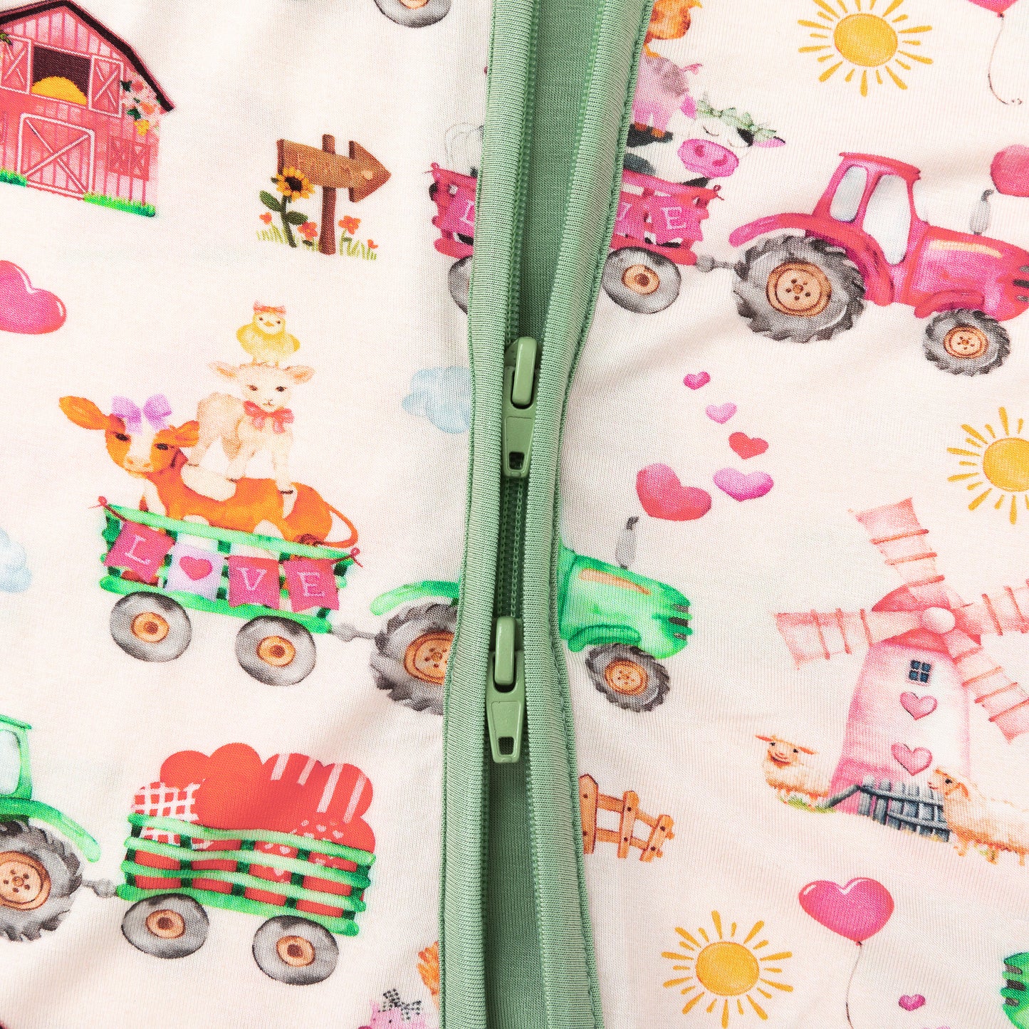 Valentine Farm Adventure Ride and Hearts Green Bamboo Zipper Romper Pajamas