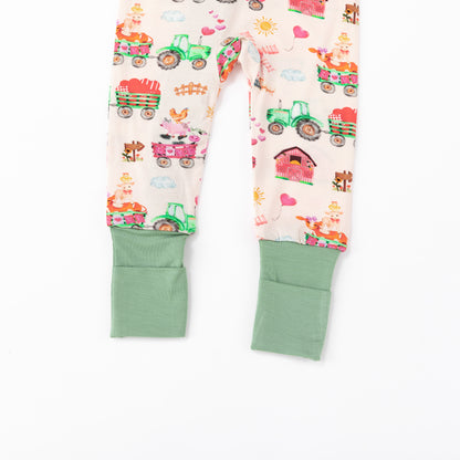 Valentine Farm Adventure Ride and Hearts Green Bamboo Zipper Romper Pajamas