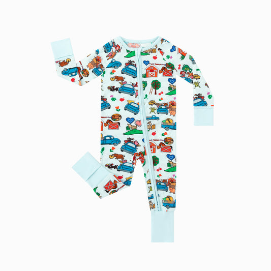 Farm Car and Animal Friends Life Bamboo Zipper Romper Pajamas