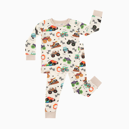 Big Wheels Truck Race Journey on Apricot Bamboo Two-Piece Pajama Set