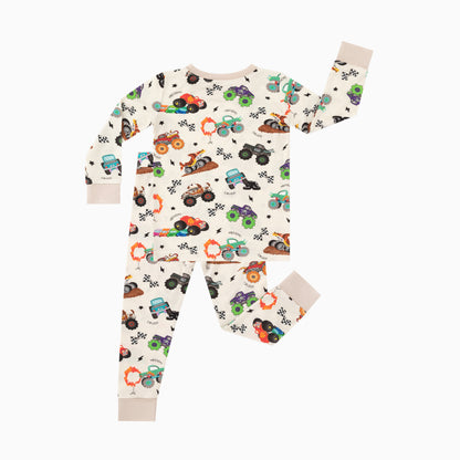 Big Wheels Truck Race Journey on Apricot Bamboo Two-Piece Pajama Set