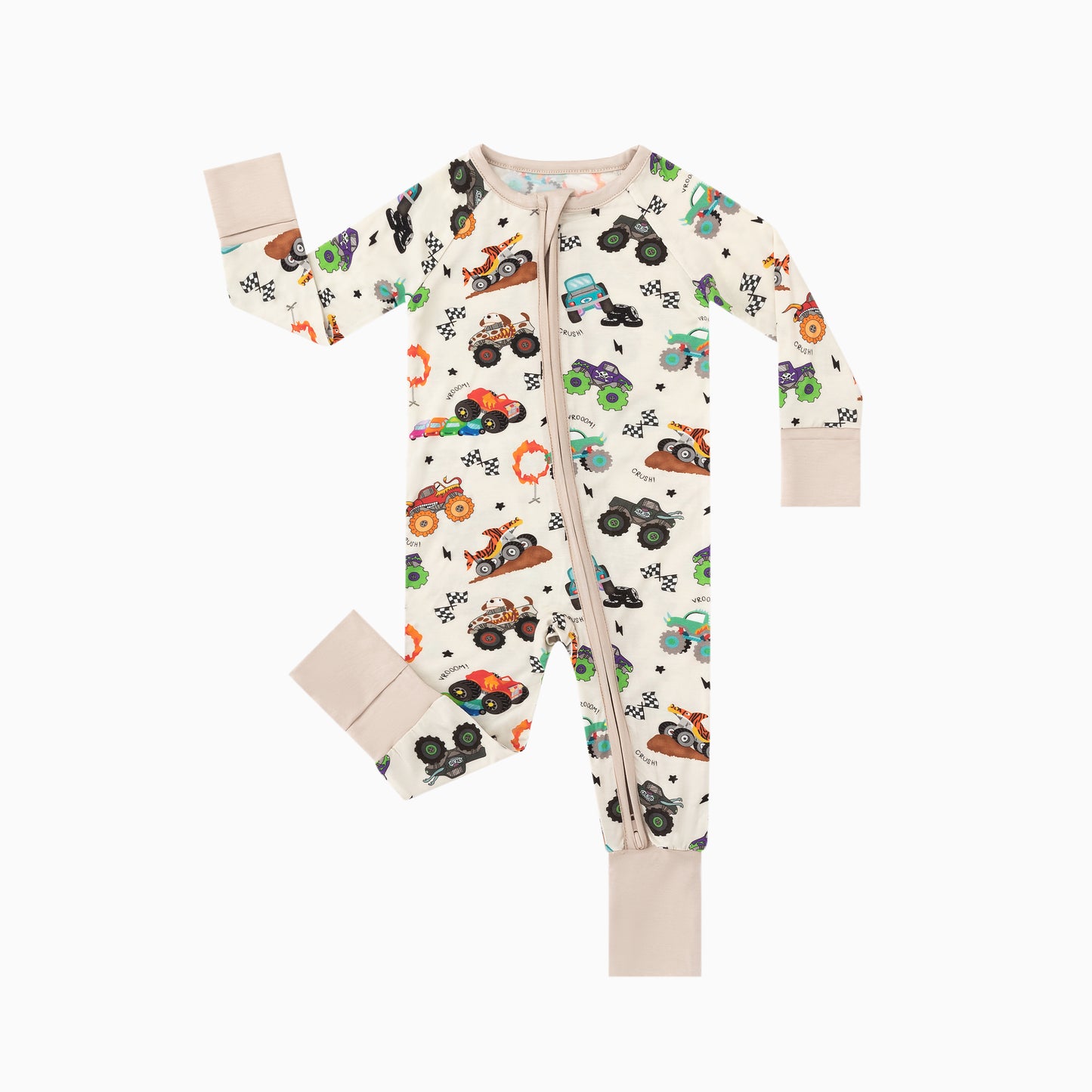 Big Wheels Truck Race Journey on Apricot Bamboo Zipper Romper Pajamas