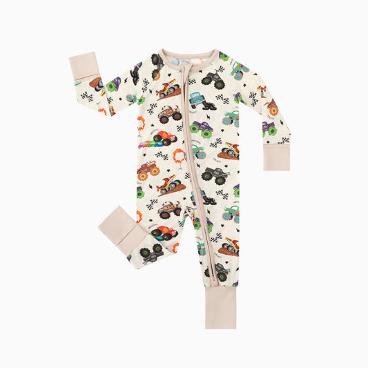 Big Wheels Truck Race Journey on Apricot Bamboo Zipper Romper Pajamas