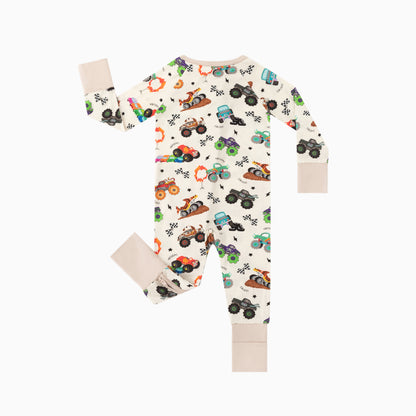 Big Wheels Truck Race Journey on Apricot Bamboo Zipper Romper Pajamas