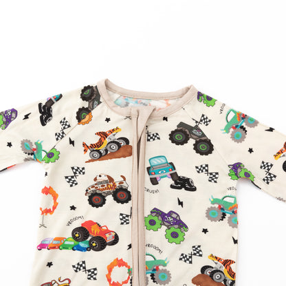 Big Wheels Truck Race Journey on Apricot Bamboo Zipper Romper Pajamas
