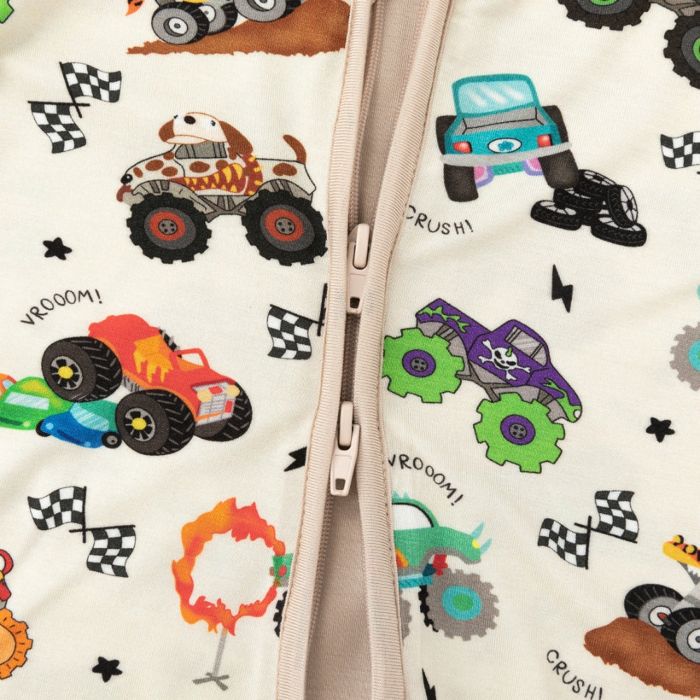 Big Wheels Truck Race Journey on Apricot Bamboo Zipper Romper Pajamas