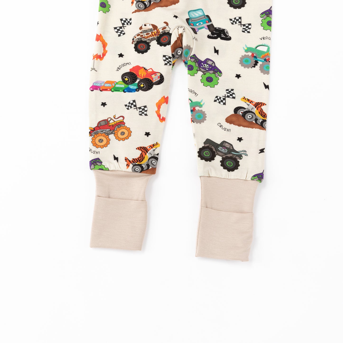 Big Wheels Truck Race Journey on Apricot Bamboo Zipper Romper Pajamas