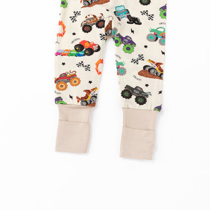 Big Wheels Truck Race Journey on Apricot Bamboo Zipper Romper Pajamas