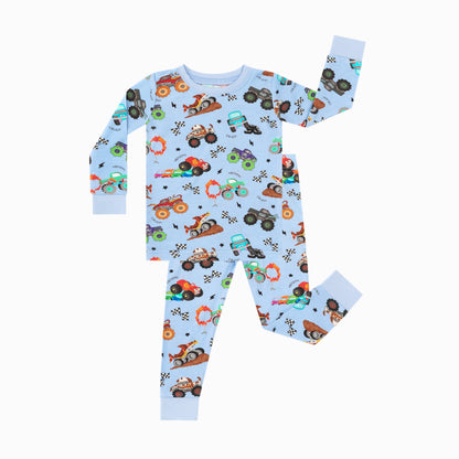 Big Wheels Truck Race Journey on Blue Kids Bamboo Two-Piece Pajama Set