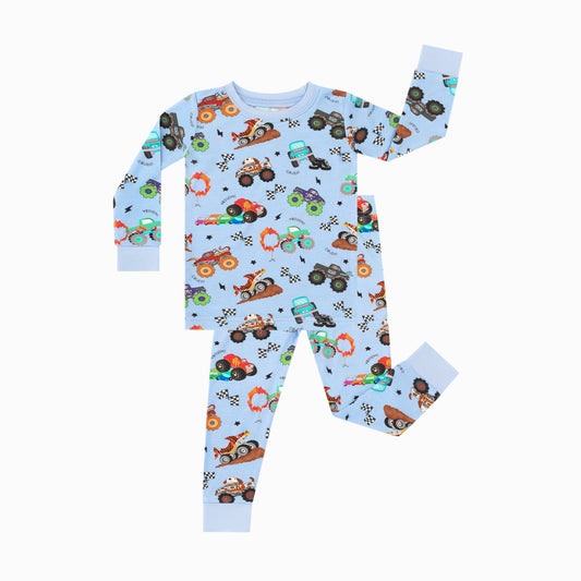 Big Wheels Truck Race Journey on Blue Kids Bamboo Two-Piece Pajama Set