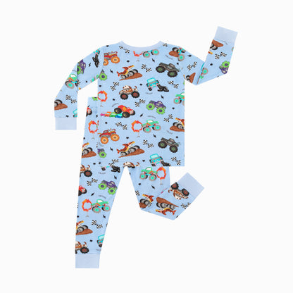 Big Wheels Truck Race Journey on Blue Kids Bamboo Two-Piece Pajama Set