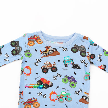 Big Wheels Truck Race Journey on Blue Kids Bamboo Two-Piece Pajama Set