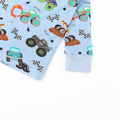 Big Wheels Truck Race Journey on Blue Kids Bamboo Two-Piece Pajama Set