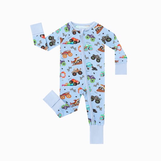 Big Wheels Truck Race Journey on Blue Bamboo Zipper Romper Pajamas
