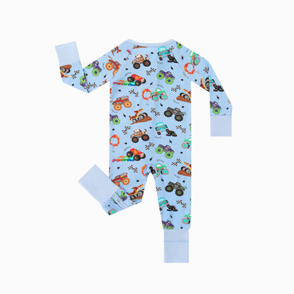 Big Wheels Truck Race Journey on Blue Bamboo Zipper Romper Pajamas