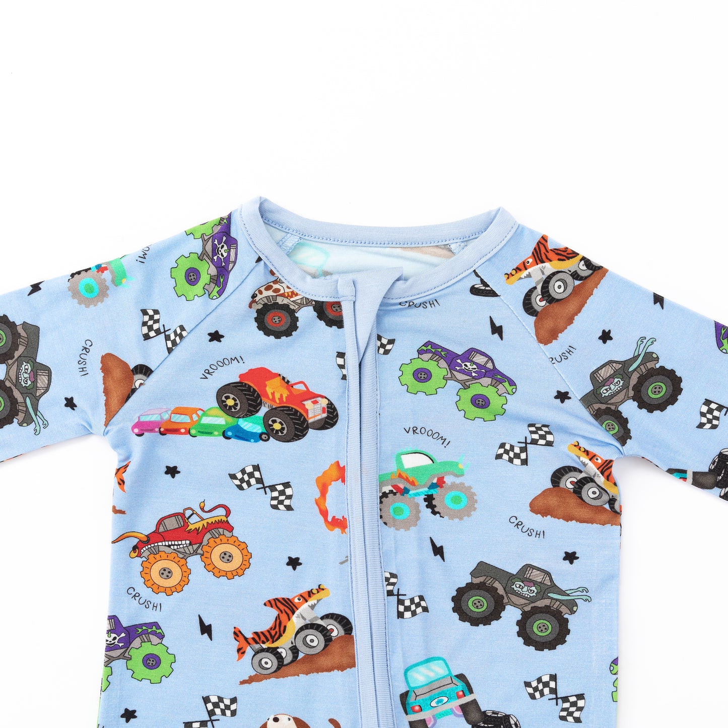 Big Wheels Truck Race Journey on Blue Bamboo Zipper Romper Pajamas