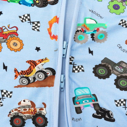 Big Wheels Truck Race Journey on Blue Bamboo Zipper Romper Pajamas