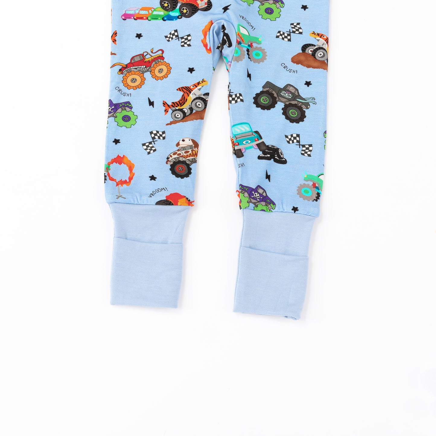Big Wheels Truck Race Journey on Blue Bamboo Zipper Romper Pajamas