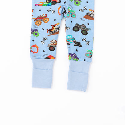 Big Wheels Truck Race Journey on Blue Bamboo Zipper Romper Pajamas