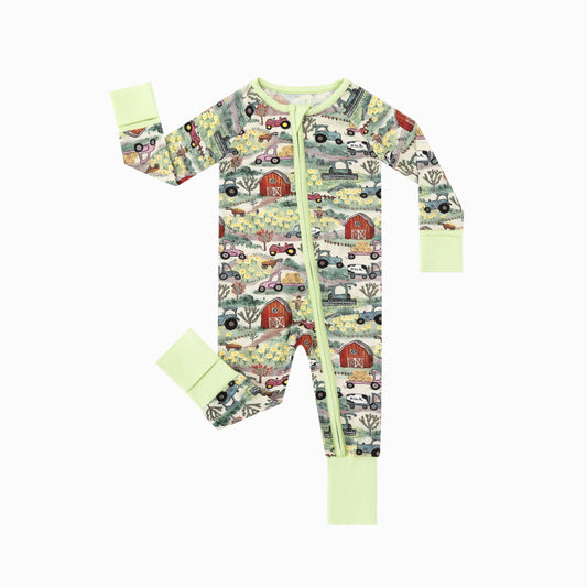 Farm Fun with Tractors and Cars Bamboo Zipper Romper Pajamas