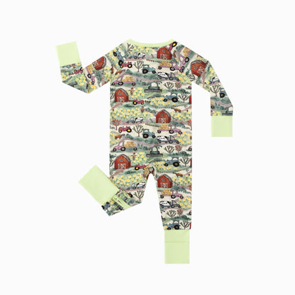 Farm Fun with Tractors and Cars Bamboo Zipper Romper Pajamas
