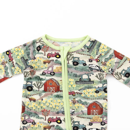 Farm Fun with Tractors and Cars Bamboo Zipper Romper Pajamas