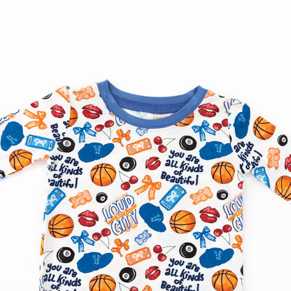 Playful Sports and Sweet Bow Lip Blue Kids Bamboo Two-Piece Pajama Set