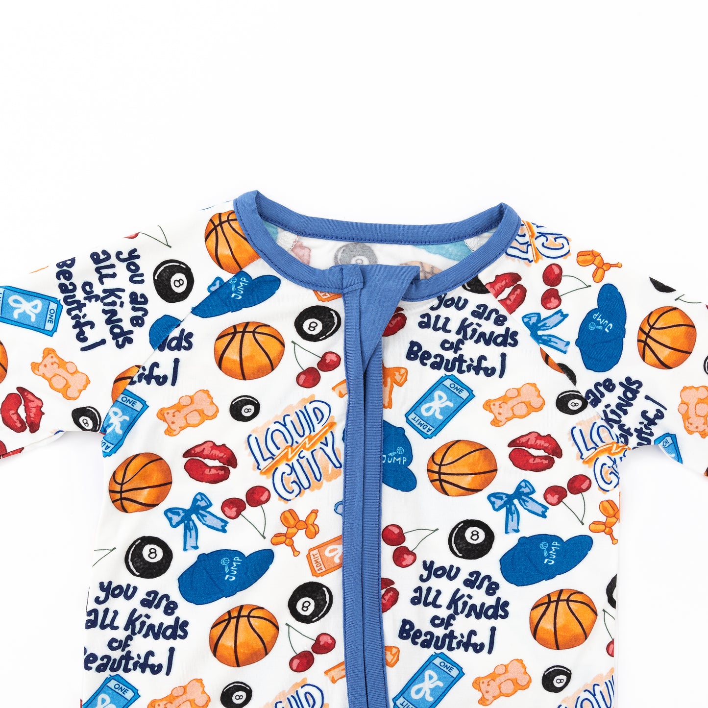 Playful Sports and Sweet Bow Lip Blue Bamboo Zipper Romper Pajamas