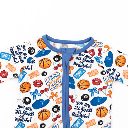 Playful Sports and Sweet Bow Lip Blue Bamboo Zipper Romper Pajamas