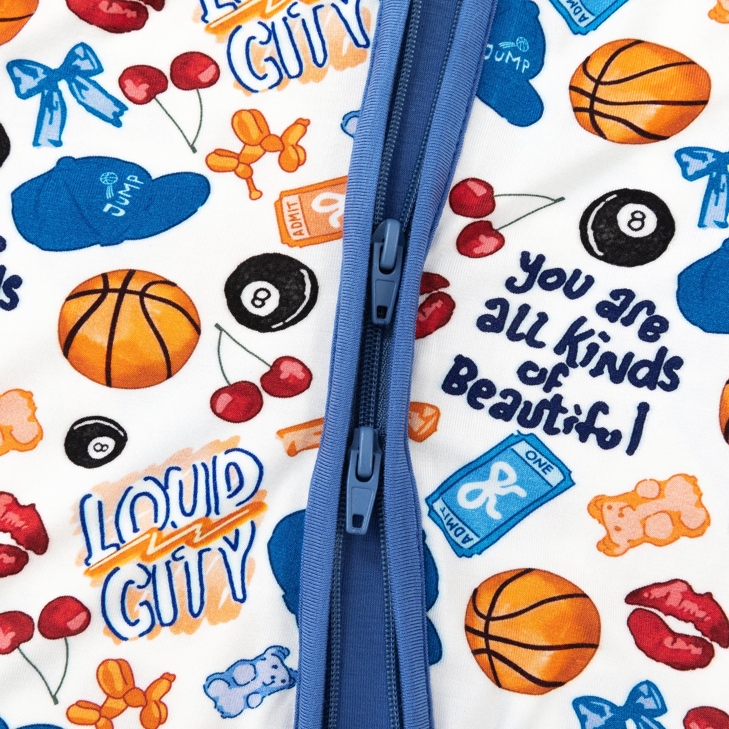 Playful Sports and Sweet Bow Lip Blue Bamboo Zipper Romper Pajamas