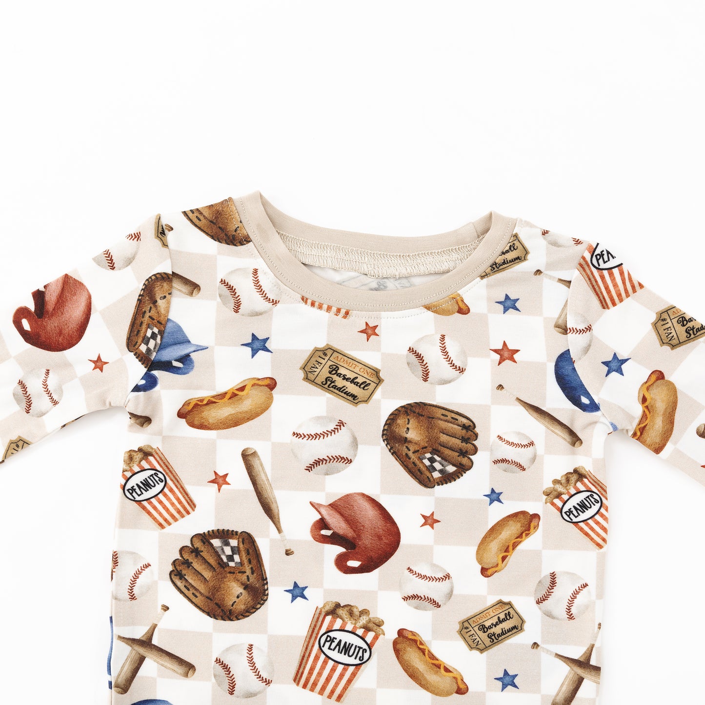 Khaki Plaid Baseball Snack Adventure Kids Bamboo Two-Piece Pajama Set