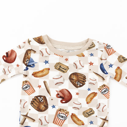 Khaki Plaid Baseball Snack Adventure Kids Bamboo Two-Piece Pajama Set