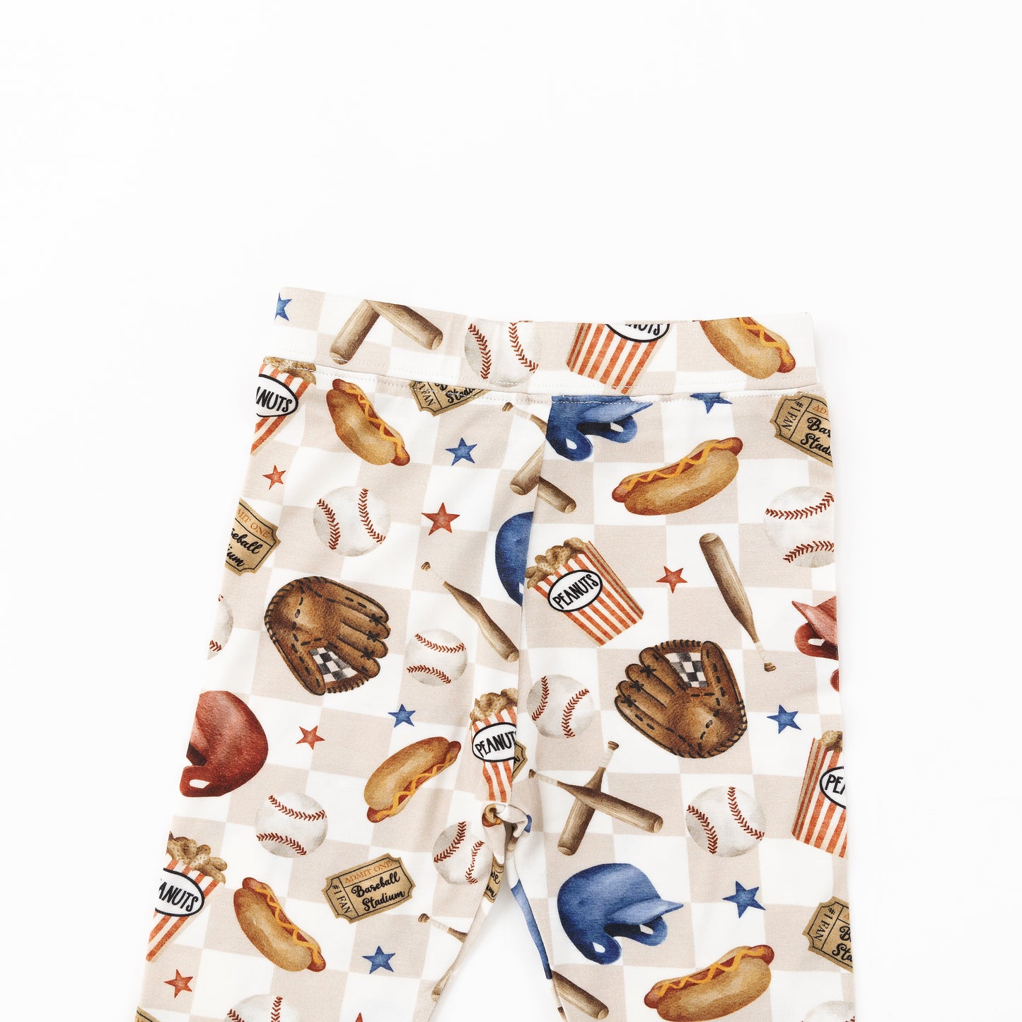 Khaki Plaid Baseball Snack Adventure Kids Bamboo Two-Piece Pajama Set